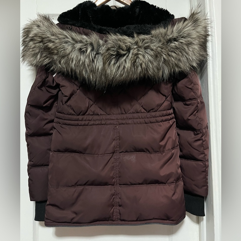 BCBGeneration Burgundy Puffer Jacket with Faux Fur Hood